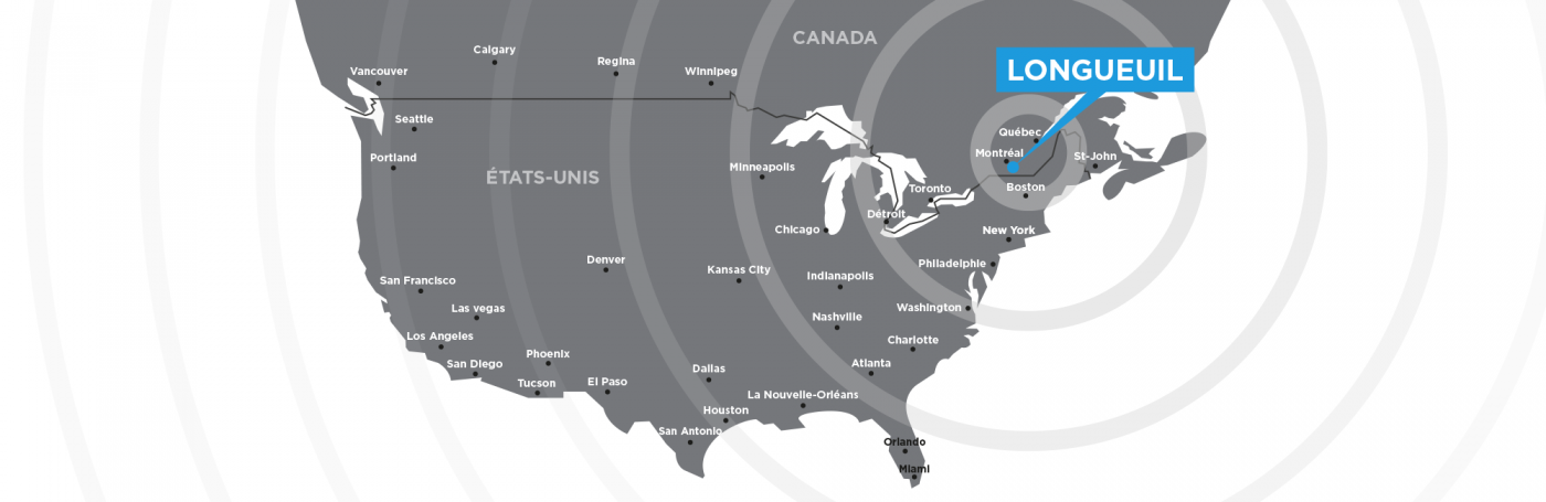 Carte nord-américaine positionnant Longueuil près de Montréal